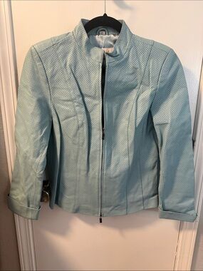 Pamela McCoy Aqua Perforated Leather Zip-Front Jacket